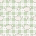 Cute afternoon teapot and teacup seamless vector pattern. Hand drawn green gingham domestic ceramic kettle background. Hot drink