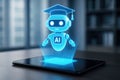 Cute AI robot wearing a graduation cap projected from a tablet screen in a modern office AI robot artificial intelligence Royalty Free Stock Photo