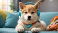 cute Akita Inu dog wearing headphones in the room relaxation banner lifestyle friend