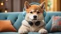 cute Akita Inu dog wearing headphones in the room relaxation