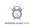 Cute alarm clock character with a smile and a mustache made of the minutes and hours pointer arrows.