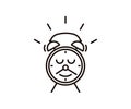 Cute alarm clock character with a smile and a mustache made of the minutes and hours pointer arrows. Vector icon illustration