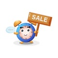Cute alarm clock mascot with the sales sign
