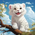 Cute albino tiger cub on top of the tree and blue sky with clouds in the background - Children\'s Illustration
