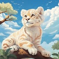 Cute albino tiger cub on top of the tree and blue sky with clouds in the background - Children\'s Illustration