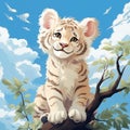 Cute albino tiger cub on top of the tree and blue sky with clouds in the background - Children\'s Illustration