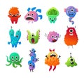 Cute alien character. Cartoon scary creatures with funny faces. Colorful monster mascots. Pathogen bacteria cells. Isolated angry Royalty Free Stock Photo