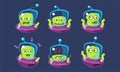 Cute Alien Character in Ufo Set, Funny Monster with Different Emotions, Green Emojis Vector Illustration