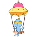 Cute alien creature is playing swing flying with ufo, doodle icon image kawaii