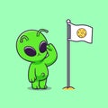 cute alien respect moon flag cartoon vector icon illustration.