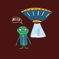 Cute Alien and Ufo Cartoon Hand Drawn aliens spaceship Doodle t-shirt print design. Vector Illustration