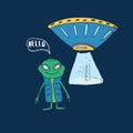 Cute Alien and Ufo Cartoon Hand Drawn aliens spaceship Doodle t-shirt print design. Vector Illustration