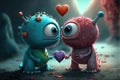 Cute aliens monsters in love on Valentine\'s Day. Generative AI