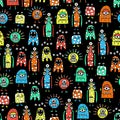 Cute Aliens monsters seamless pattern vector black. Funny Childrens repeating background with funny characters for fabric design,