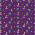 Cute aliens and robots doodles, seamless pattern for kids