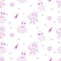 Cute aliens and robots doodles, seamless pattern for kids