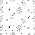 Cute aliens and robots doodles, seamless pattern for kids