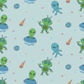 Cute aliens and robots doodles, seamless pattern for kids