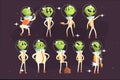 Cute Aliens In Space Suits, Spaceship Crew Of Little Green Men Funny Cartoon Characters In White Outfit Royalty Free Stock Photo