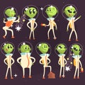 Cute Aliens In Space Suits, Spaceship Crew Of Little Green Men Funny Cartoon Characters In White Outfit Royalty Free Stock Photo