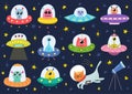 Cute aliens in spaceships collection. Space ufo characters set