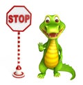 Cute Aligator cartoon character with stop board