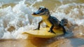 A cute alligator surfer enjoys a fun-filled summer day at the beach, riding waves with enthusiasm, Ai Generated