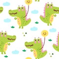 Cute Alligator vector, seamless pattern fabric character design crocodile cartoon with balloon Kawaii animal