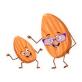 Cute almond characters with emotions, face. Funny grandmother with glasses and dancing grandson with arms and legs. The