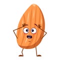 Cute almond characters with emotions in a panic grabs his head, face, arms and legs. The funny or sad food hero, nut