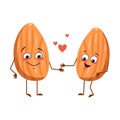 Cute almond characters with love emotions, face, arms and legs. The funny or happy food heroes, nuts fall in love.