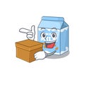 Cute almond milk cartoon character having a box