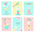 Alpaca birthday greeting cards vector illustration Royalty Free Stock Photo