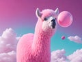 Cute alpaca with bubble gum sphere out on pastel background. ai generative Royalty Free Stock Photo