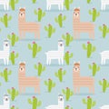 Cute alpaca and cactus seamless pattern