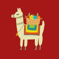 Cute alpaca character. Funny llama with luggage. Cartoon for your design