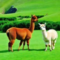 A cute alpaca herd grazes on green grass generated