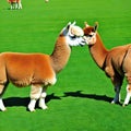 A cute alpaca herd grazes on green grass generated