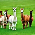 A cute alpaca herd grazes on green grass generated