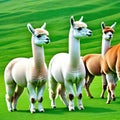 A cute alpaca herd grazes on green grass generated