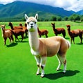 A cute alpaca herd grazes on green grass generated