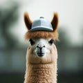 Cute alpaca llama in a blue hat on a nature background. Generative AI