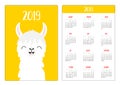 Cute alpaca llama. Face head teeth. Simple pocket calendar layout 2019 new year. Vertical orientation. Week starts Sunday. Cartoon