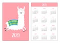 Cute alpaca llama running. Simple pocket calendar layout 2019 new year. Week starts Sunday. Vertical orientation. Cartoon kawaii