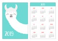 Cute alpaca llama smiling face head. Simple pocket calendar layout 2019 new year. Vertical orientation. Week starts Sunday.