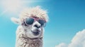cute alpaca portrait with sunglasses against the blue sky with copy space