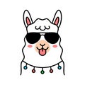 Cute alpaca with sunglasses showing tongue. Funny cartoon character.