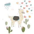 Cute Alpaca with cacti, clous and hearts. Vector Illustration