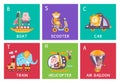 Cute Alphabet with Animals and Transport in Cartoon Style