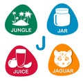 Cute alphabet in vector. J letter for jungle, jar, juice and jaguar. Royalty Free Stock Photo